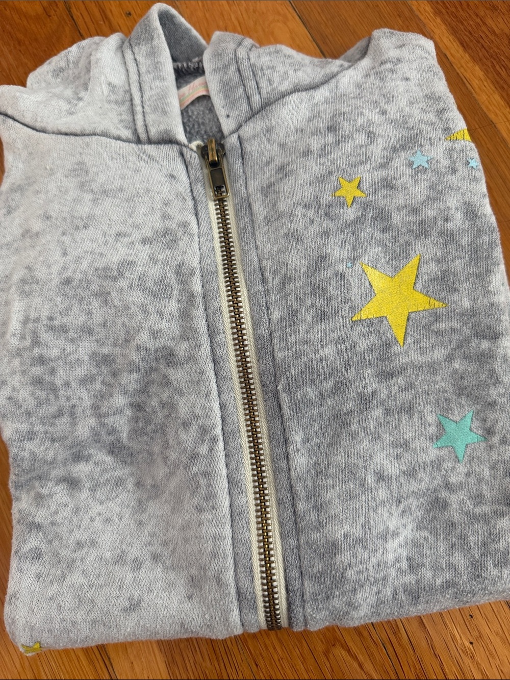 Vintage Havana Grey Zip Hoodie with Yellow, Teal & Pink Stars